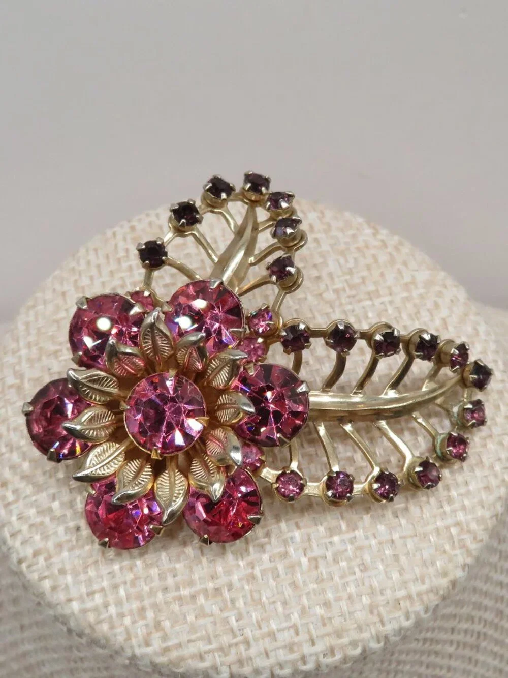 Vintage Floral Pink Purple Rhinestone Gold Tone Brooch